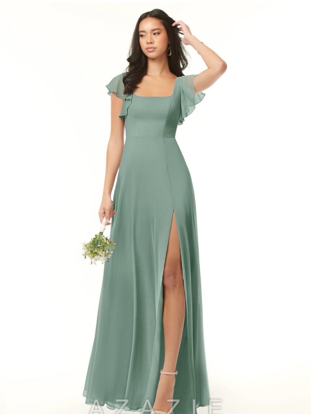 Azazie Sage Green Square Neck Flutter Sleeve Gown with Thigh Slit